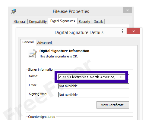 Screenshot of the VTech Electronics North America, LLC certificate